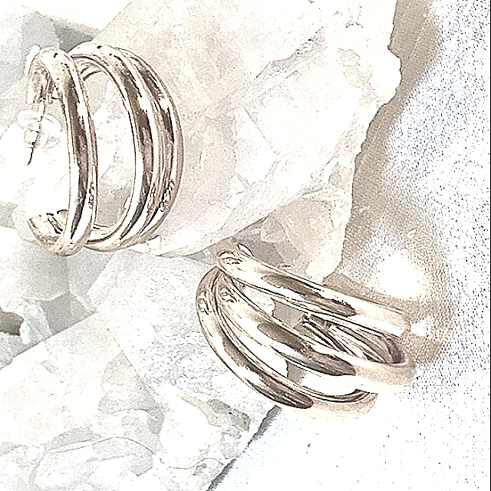 Bold Triple Hoop Silver Statement Earrings with Stud posts. NEW in package